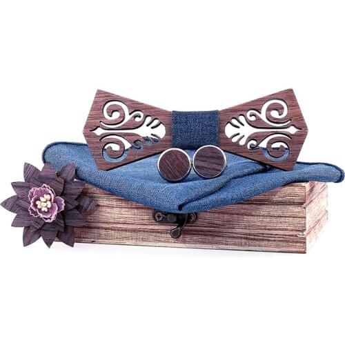 3D Pocket Square Wooden Bow Tie Set Handkerchief Cufflink Brooch For Men Wedding Neck Ties Gift With Wood Box Party Gifts