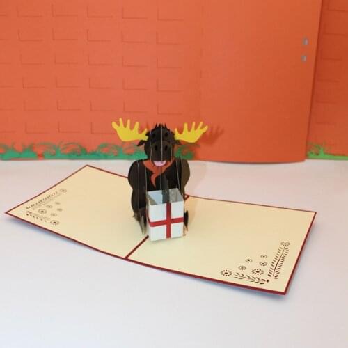 3D Laser Cut Handmade Christmas Cartoon Gift-giving Grey Elk Paper Invitation Greeting Card PostCard New Year Creative Gift