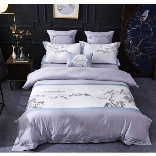 Luxury 80S Egyptian cotton Bedding sets Queen King Traditional Chinese Embroidered Duvet cover Bed sheet set Purple 4pcs 6pcs