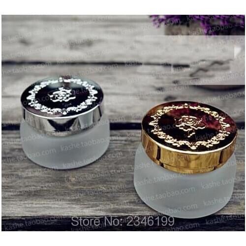 30G 50G Frost Glass Cream Jar with Silver Gold Lid Rose-patterned Cap, High-Grade Cosmetics Cream Packing Bottle, 15pcs/lot