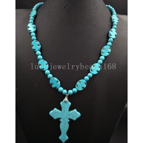 Free Shipping Fashion Jewelry Howlite Cross Oval Art Beads Necklace 20.5" FG8050