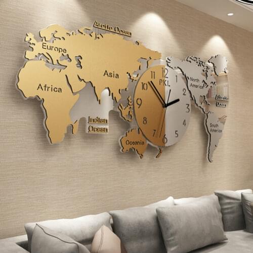 Large Glod Metal Wall Clocks Home Decor Living Room Wall Clock Mechanism Individuality Home Watch World Map horloge Gift FZ576