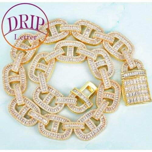 18mm Baguette Zircon Cuban Chain Necklace Mens Hip Hop Gold Color Copper Link Bling Fashion Rock Jewelry