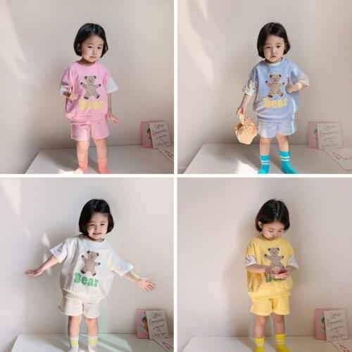 2021 Children Set Simple Summer New Cute Bear Design Cotton Boys and Girls Three Piece Set for
