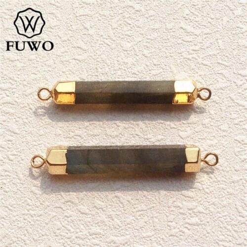 FUWO Natural Labradorite Stick Connector Pendant 24K Gold Electroplated Multi Faceted Hexagon Vertical Bar Stone Jewelry PD087