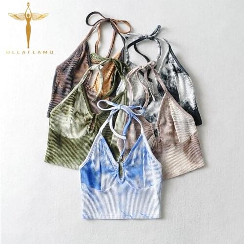 Halter Camisole Womens Tie-Dye Print Lace-Up Bow V-Neck Crop Tops Sexy Streetwear Skinny Tank Tops Skinny Slim Tank Vest Femme