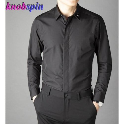 2019 New Brand Men Shirt Solid color Slim Business male dress shirts Elegant Embroidery long sleeve Chemise homme Cotton Camisas