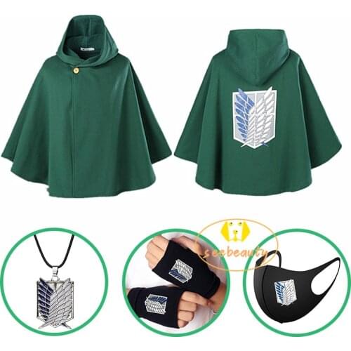 4 PCS Attack on Titan Anime Cloak Gloves Necklace Shingeki No Kyojin Cosplay Scouting Legion Wings of Liberty Levi Ackerman Cape