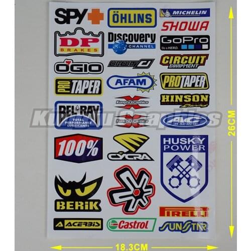 Aftermarket Vinyl Stickers Sheet Sponsor Logos Graphics for Racing Moto, Helmet, Fender, Fork, Tank, Motorcycle, Sportbike