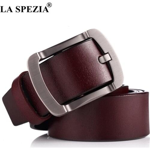 LA SPEZIA Men Leather Belt Genuine Cowskin Burgundy Pin Buckle Belt Vintage Fashion Designer Brand Real Leather Male Jeans Belt