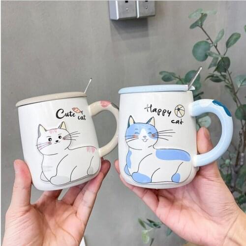 Cute Cat Ceramic Mugs With Lid Cartoon Korean Style Water Bottle Tea Coffee Milk Breakfast Fresh Student Coffee Mug