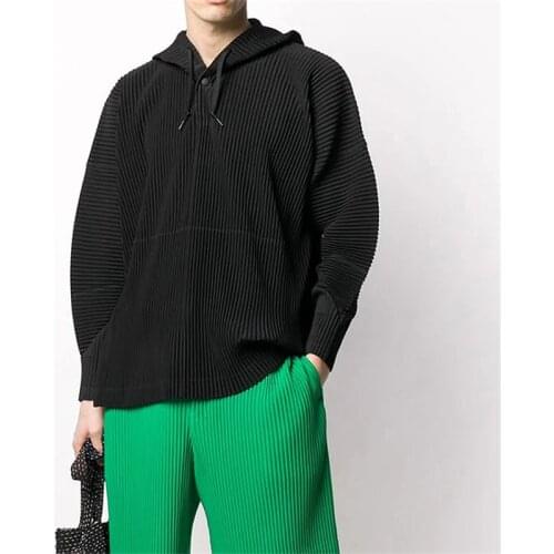 Miyake pleated top coat loose buttoned drawstring pullover casual hooded pullover sweatshirt men