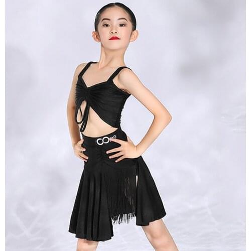 Girls Dance Costumes Latin Practice Suit Black Short Tops Skirt Suit Samba Cha Cha Performance Clothes Party Latin Dress BL5612