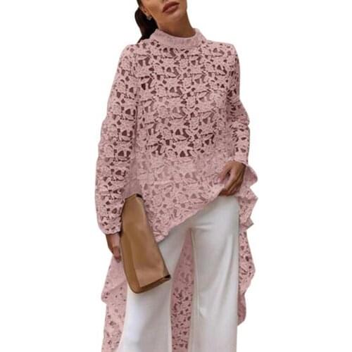 40%HOT Spring Autumn Fashion Women Solid Color Hollow Out Lace Blouse High Low Top
