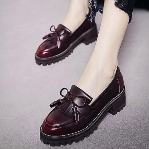 Womens shoes 2020 spring new thick heel middle heel shoes round head shallow mouth bow tassel PU upper Rubber sole shoefl