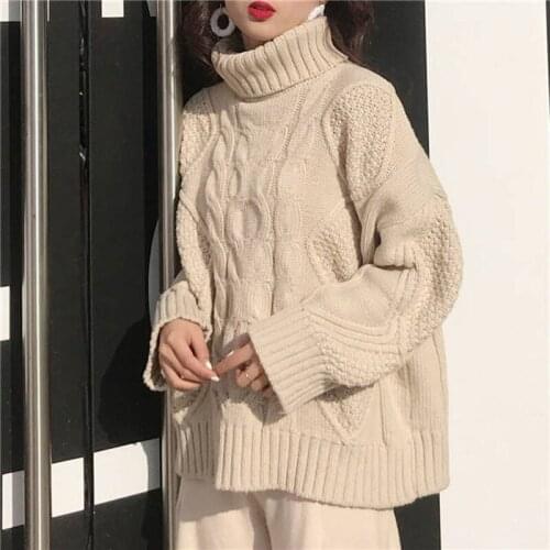 Women Pullover High Neck Sweater Fashion Twist Solid Color Thicken Slim Loose Casual Knit Autumn OutWear