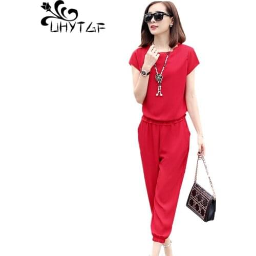 UHYTGF Plus size chiffon two piece set women Short-sleeved pullover tops and pants summer 2 piece set Lady Casual tracksuit 1273