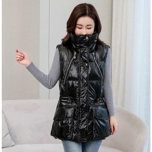 Glossy Women Sleeveless Jacket Stand Collar Ladies Casual Long Winter Vests Zipper Pockets Cotton Padded Waistcoat for Female