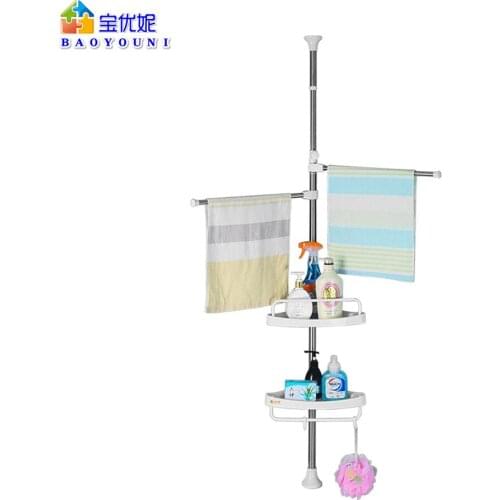 2 Tiers Shelf Telescopic Height Corner Storage Rack with Hanging Rod Extension Poles Cosmetic Holder Caddy 45.27-78.74" DQ0931