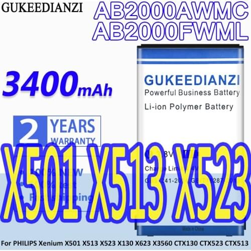 GUKEEDIANZI Phone Battery For PHILIPS Xenium X501 X513 X523 X130 X623 X3560 CTX130 CTX523 CTX513 3200mAh AB2000AWMC /AB2000FWML