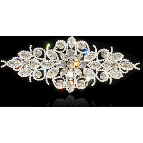 22.5*9.4 cm Crystal Rhinestones Applique for Wedding Dress Costume Trimmings Flower Flatback Silver Gold Cusack