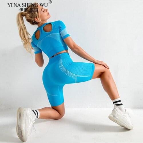 Seamless Yoga Set Women Gym Workout Clothes Fitness Sports Suits Short Sleeve Top High Waist Shorts Jogging Sportswear Clothing