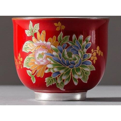 999 Sterling Silver Cup Gilt Silver Cup Master Cup Ceramic Grilled Flower Gold Foil Teacup Kung Fu Tea Set