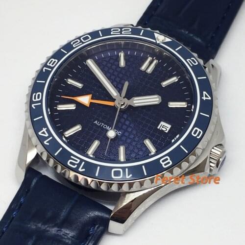 Bliger 41mm mens top luxury GMT mechanical watch sapphire glass blue dial Leather strap luminous waterproof automatic watch