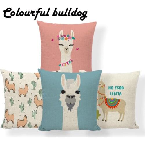 Animal Alpaca Flower Cushion Cover Cactus Party Llama Pillow Case Tropical Vintage Chair For Sofa Throw Pillows 45Cm Burlap Soft