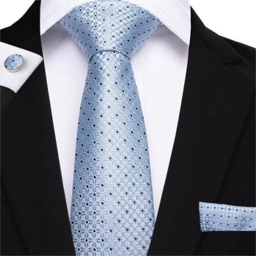 DiBanGu 2019 Famous Blue Floral Tie 100% Silk 160cm Necktie Hanky Cufflinks Tie for Men Business Wedding Party Tie Set MJ-7514