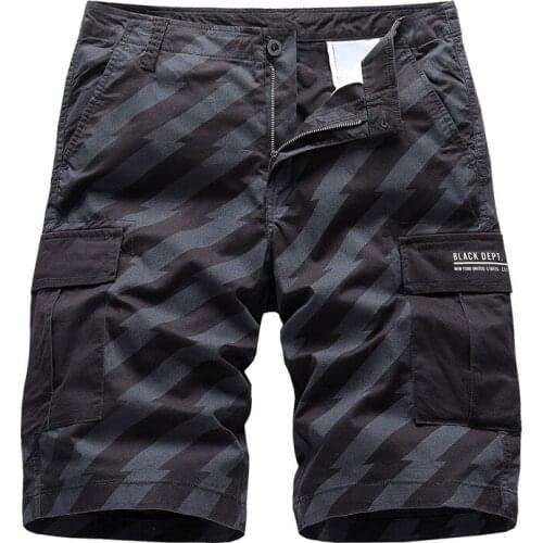 Fad Summer Mens Baggy Multi Pocket Military Cargo Shorts Male Cotton Khaki Mens Striped Tactical Shorts Short Pants No Belt