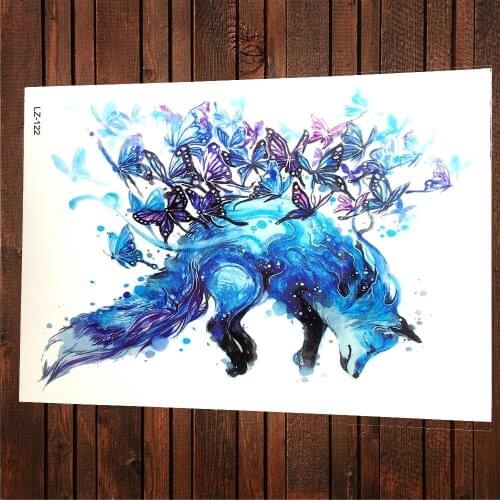 Fly Blue Fox With Butterfly Watercolor Temporary Tattoo Stickers For Women Body Art Back Legs Waterproof Fake Flash Tatoo Paste