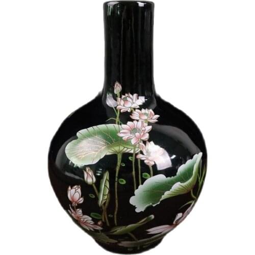 Chinese Old Porcelain Black Gold Glaze Powder Color Flower Pattern Sky Ball Bottle