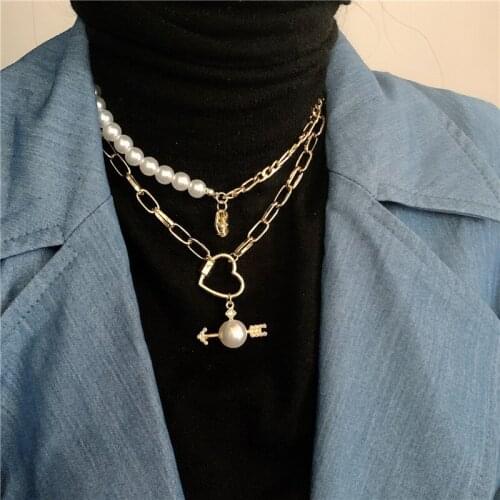 2020 Hiphop Multi Chains Chokers Necklaces for Women Punk Metal Heart Pendant Necklace Pearl Chain Choker Statement Necklace