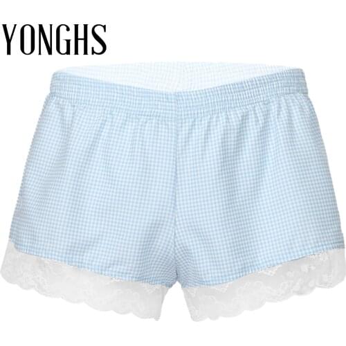 Mens Lace Trim Plaid Erotic Shorts Sides Split Bowknot Sissy Underpants Bottoms Nightwear Elastic Waistband Panties Underwear