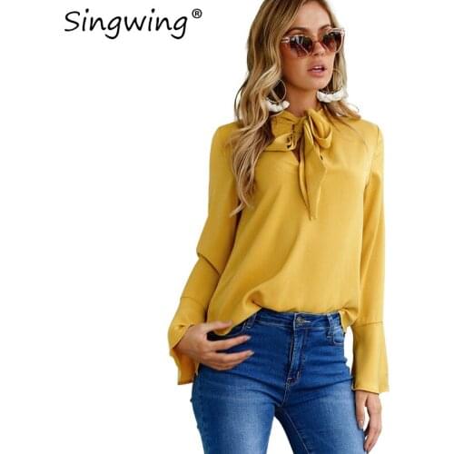 SingWing Flare Sleeve Top Blouse Solid Color Chiffon V-neck Women Blouses Casual Style Feminina Femme Tops for wholesale