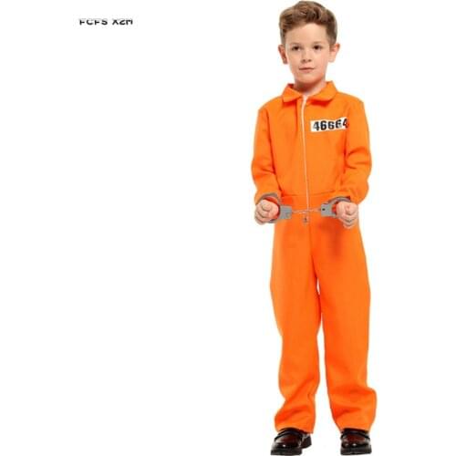 Orange Boys Halloween Criminal Costume for Kids Children Prisoner Jumpsuits Uniform Cosplay Carnival Purim Role Play party dress