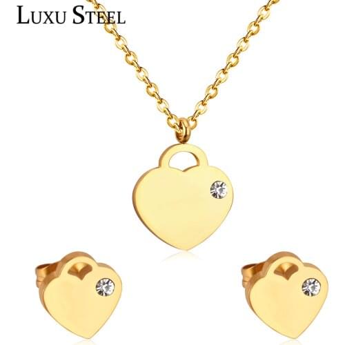 LUXUSTEEL bridal necklace set Cubic Zirconia Jewelry Stainless Steel Gold Heart Pendant Necklace Earrings Brinco Women Collars