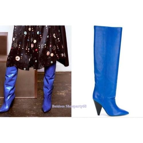Abnormal High Heeled Pointed Toe Fashion Blue Red Leather Woman Knee High Boots Designer Long Rain Botas