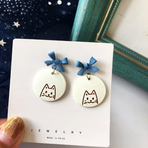 925 silver needle Bow Knot Stud Earrings Fun Cute Round Cat Pattern Earrings