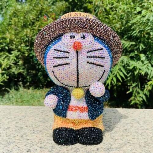 Sparkling Doraemon Figurine Kawaii Fully Rhinestone Handmade Cute Cartoon Piggy Bank Best Gift for Kids Friends Home Accessories