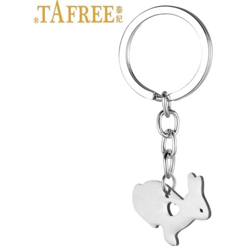 TAFREE cute little bunny women purse bag keychain stainless steel rabbit pendant key chain ring holder Easter gift jewelry SKU14