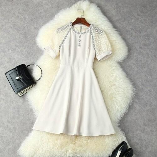 European and American womens wear for summer 2021 Short sleeved pegged beaded round neck Stitched Fashion Dress