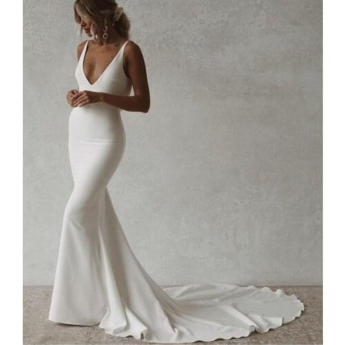 Sexy Mermaid V-Neck Stretchy Wedding Dresses with Train Ivory Button Open Back Satin Brautkleid Robes de Soirée for Women
