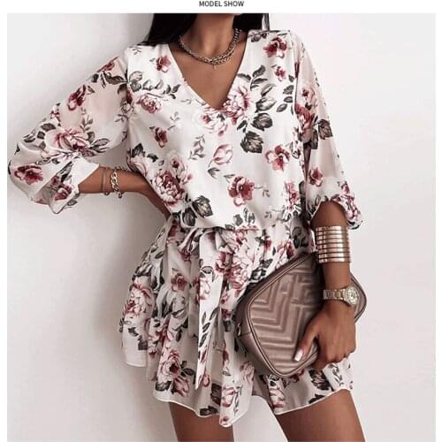 Womens Chiffon V Neck Flower Print Dress Casual Long Sleeve Short Dress Female Boho Leisure A Line Party 2021