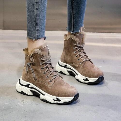 EshtonShero Snow boots warm fur plush women boots square heels flock ankle boots women shoes lace-up winter shoes woman Size 4-9