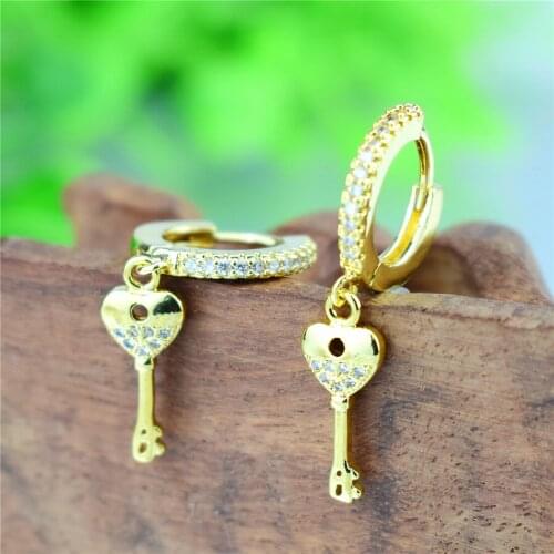 Golden Color Copper Sparkling Zircon Key Pattern Earring Jewelry for Valentines Day Engagement Wedding Pendientes Hoop Earrings