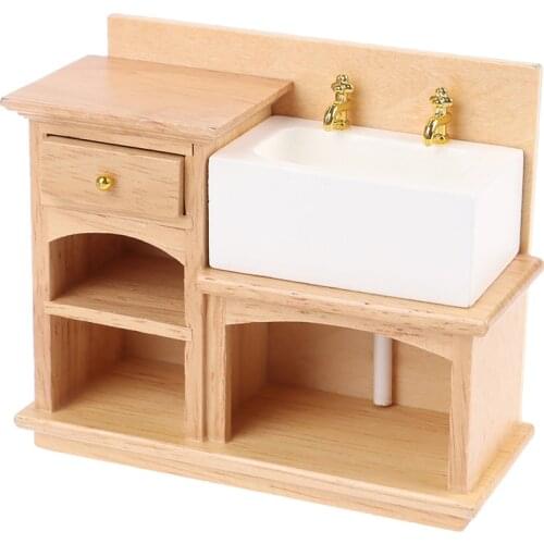 1/12 Modern Doll House Furniture Minatures Wooden Wash Basin Cabinet With Ceramic Hand Toys for Dollhouse Bathroom Decoration