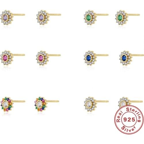 925 Sterling Silver Stud Earring Colorful Zircon Round CZ Woman Earrings For Anniversary Valentines Day Party Fine Jewerly Gift