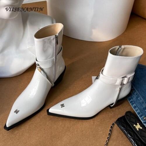 Cow Patent Leather Pointed Toe Platform Side Zipper Silver Chain Ankle Boots with Letter Embellishment Thick Heel Single Boots